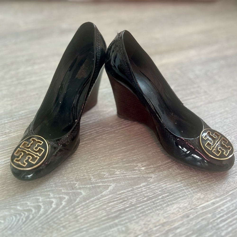Black Tory Burch Wedge Shoes with Gold Emblem